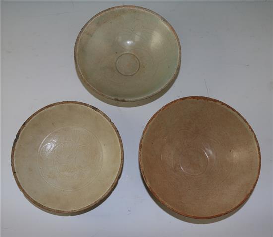 Three Qingbai (Ying qing) bowls, Song dynasty, 18 to 19cm, crazing and staining